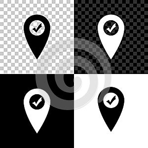 Map pointer with check mark icon isolated on black, white and transparent background. Marker location sign. Tick symbol