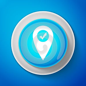 Map pointer with check mark icon isolated on blue background. Marker location sign. Tick symbol. For location maps. Sign