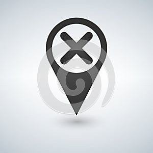 Map pointer with close icon on white background. Vector illustration.