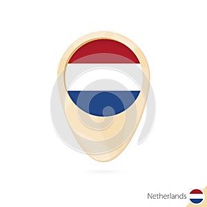 Map pointer with flag of Netherlands. Orange abstract map icon