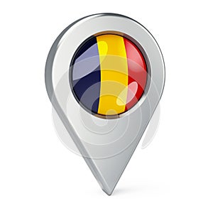Map pointer with flag of Romania, 3D rendering
