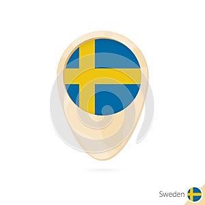 Map pointer with flag of Sweden. Orange abstract map icon