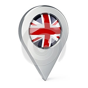 Map pointer with flag of the United Kingdom, 3D rendering