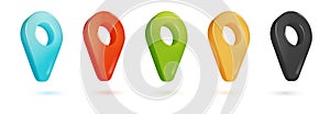 Map pointer or GPS location 3d icons set isolated. location pin or navigation. Realistic vector graphic.