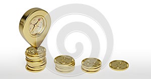 Map pointer with growing chart from gold coins around, 3D rendering