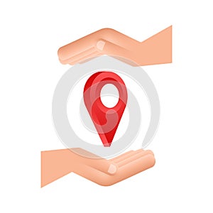 Map pointer in hand on white background. Vactor stock illustration.