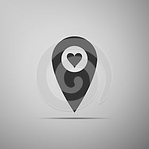 Map pointer with heart icon isolated on grey background. Valentines day. Love location. Romantic map pin. Flat design