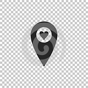 Map pointer with heart icon isolated on transparent background. Valentines day. Love location. Romantic map pin. Flat