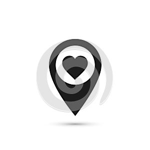 Map pointer with heart icon, location pin vector isolated symbol