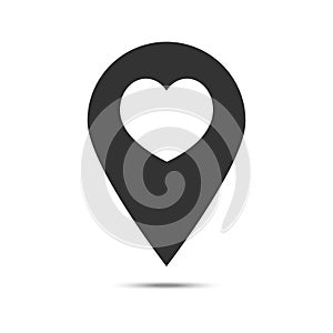 Map pointer with heart icon, location pin vector isolated symbol