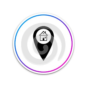 Map pointer with house icon isolated on white background. Home location marker symbol. Circle white button