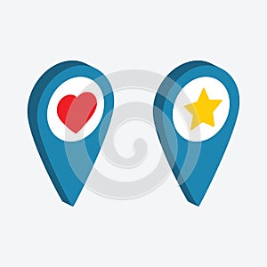 Map pointer icon isometric set map poiner with heart and star sign vector
