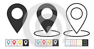 Map pointer icon set - GPS location, compass, tracking, geo pin, navigator symbol - Flat and outline design style