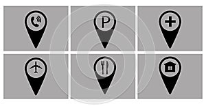 Map pointer icons set, navigation pins. Vector, isolated on grey background.