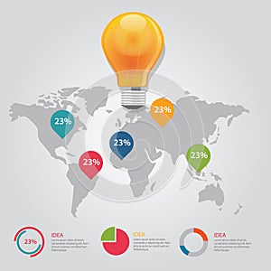 Map pointer info graphic chart result bulb idea business shine world global