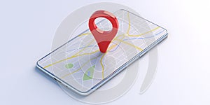 Map pointer location red color pin on a smartphone isolated on white background. 3d illustration