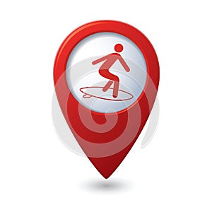 Map pointer with man on surf icon