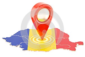 Map pointer on the map of Romania, 3D rendering