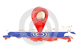 Map pointer on the map of Russia, 3D rendering