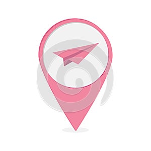 Map pointer with origami paper plane icon. Pink marker.