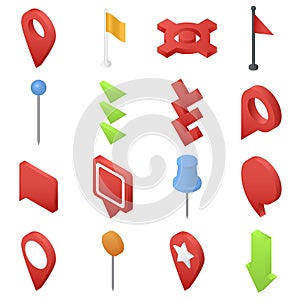 Map pointer pin arrow icons set, isometric style