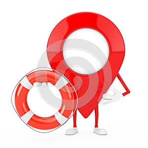 Map Pointer Pin Character Mascot with Life Buoy. 3d Rendering