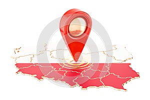 Map pointer on the map of Poland, 3D rendering