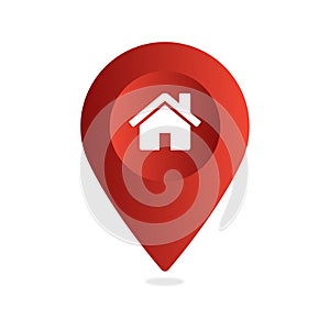 Map pointer with red home icon. Real estate concept. Vector illustration