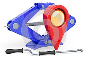 Map pointer with screwjack, car service location concept. 3D rendering