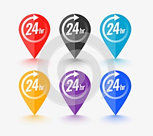 Map pointer set with 24 hour service symbol