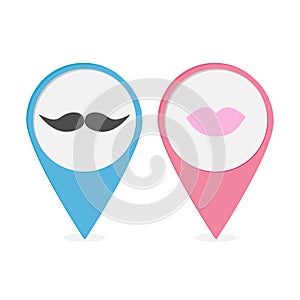 Map pointer set with lips and mustaches. Pink and blue round mar