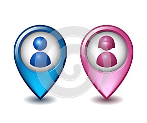 Map pointer set with male and female symbols. Pink and blue round markers.