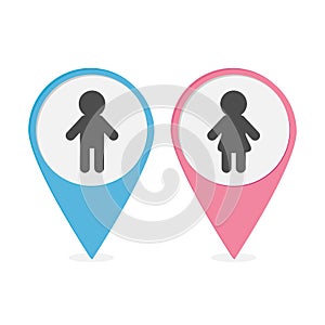 Map pointer set. Man Woman icon Pink and blue round markers. Restroom symbol Isolated White background Flat design.