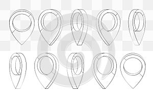 Map pointer set. Maps pin inverted drop shaped icon to mark location. Vector hand drawn style cartoon illustration. Black and