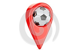 Map pointer with soccer ball, location concept. 3D rendering