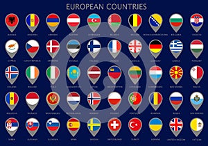Map pointers with all flags of the European countrie