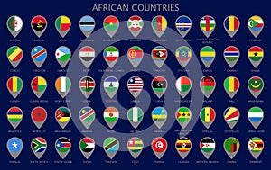 Map pointers with all national flags of the African countries