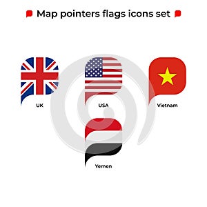 Map pointers flags icons set. Flag icon in simple rectangular pointer shape. Vector icon, symbol, button. Illustration in flat