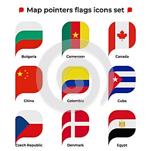 Map pointers flags icons set. Flag icon in simple rectangular pointer shape. Vector icon, symbol, button. Illustration in flat