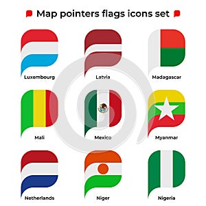 Map pointers flags icons set. Flag icon in simple rectangular pointer shape. Vector icon, symbol, button. Illustration in flat