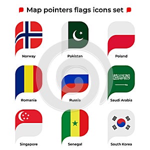 Map pointers flags icons set. Flag icon in simple rectangular pointer shape. Vector icon, symbol, button. Illustration in flat