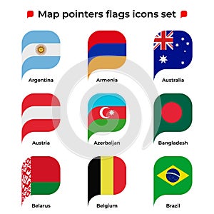 Map pointers flags icons set. Flag icon in simple rectangular pointer shape. Vector icon, symbol, button. Illustration in flat