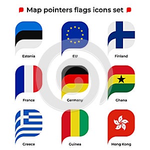 Map pointers flags icons set. Flag icon in simple rectangular pointer shape. Vector icon, symbol, button. Illustration in flat