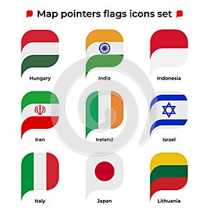 Map pointers flags icons set. Flag icon in simple rectangular pointer shape. Vector icon, symbol, button. Illustration in flat