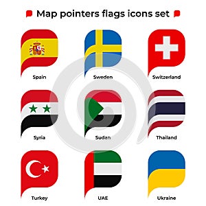Map pointers flags icons set. Flag icon in simple rectangular pointer shape. Vector icon, symbol, button. Illustration in flat