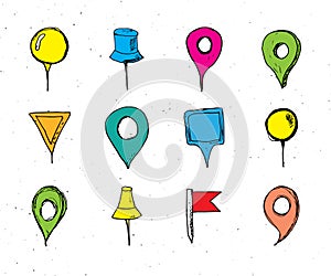 Map pointers hand drawn sketch set, navigation pins doodle vector illstration on white background