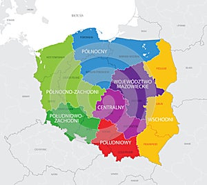 Map of the Poland with administrative divisions of the country into makroregion and 16 provinces voivodeships, detailed vector