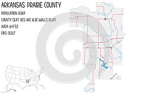 Map of Prairie County in Arkansas, USA.