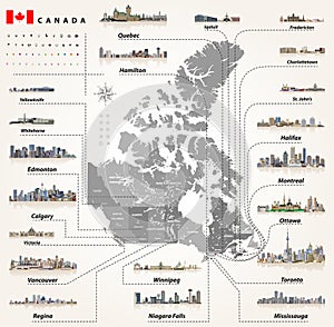 Map of provinces and territories of Canada with largest cities and all states capitals skylines