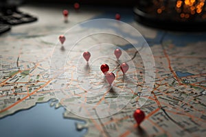 Map with red hearts on it. Valentine\'s day concept. Selective focus, Location marking with a pin on a map with visible